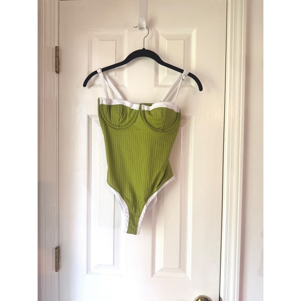 AQUA Ribbed Underwire One Piece Swimsuit Greek Olive White Large 5277164 NEW
